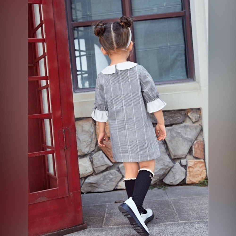Shein kids, girls size 6Y black plaid, flounce sleeve, collared dress. - Picture 2 of 6